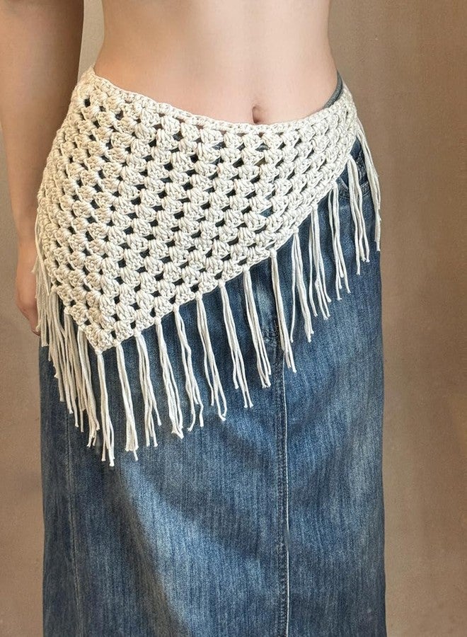 TUCEWP Crochet Bandanas Headbands Beige Vintage Boho Hair Scarf with Tassel Hippie Head Kerchief Knitted Triangle Tie Back Headscarf Hair Accessories for Women Girls Daily Outfit Festival Gift - Image 4